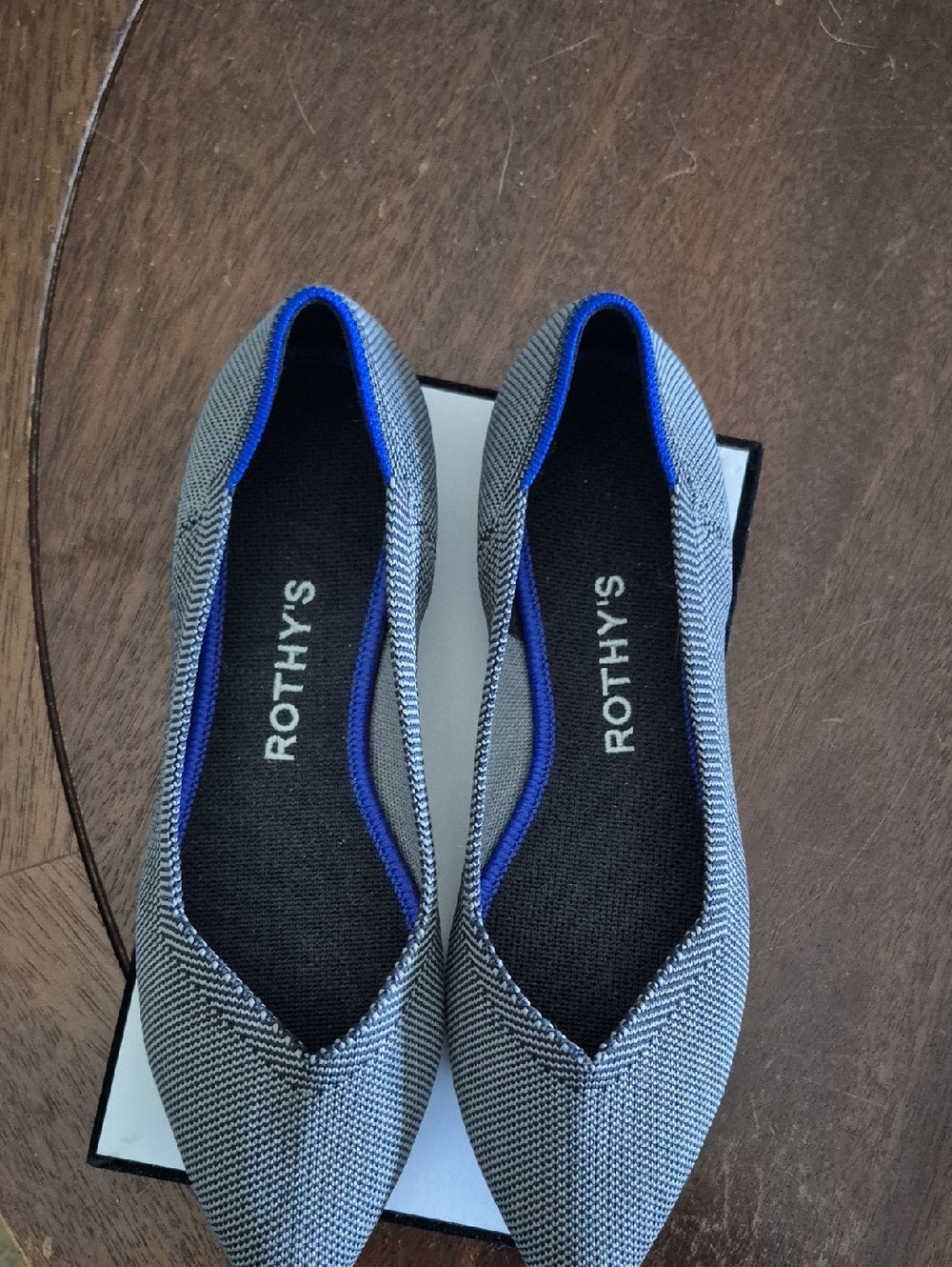 Rothy's Black And Grey The Point Knit Flats with Blue Trim